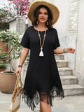 Plus Size Fringe Round Neck Short Sleeve Midi Tee Dress - Trendsi - Flyclothing LLC