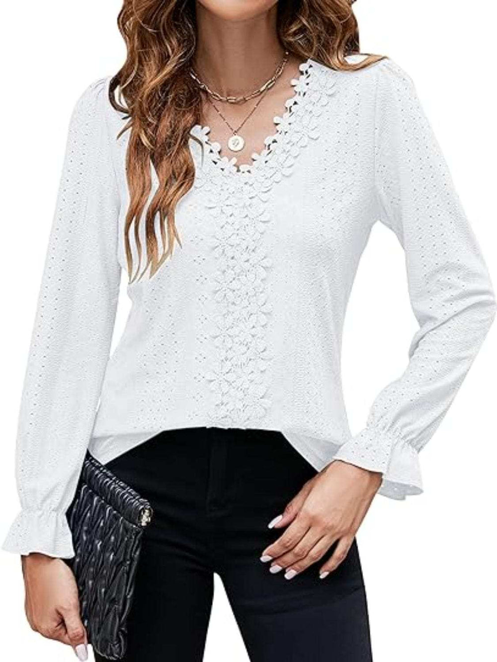 Lace Detail Eyelet V-Neck Flounce Sleeve Blouse - Trendsi - Flyclothing LLC