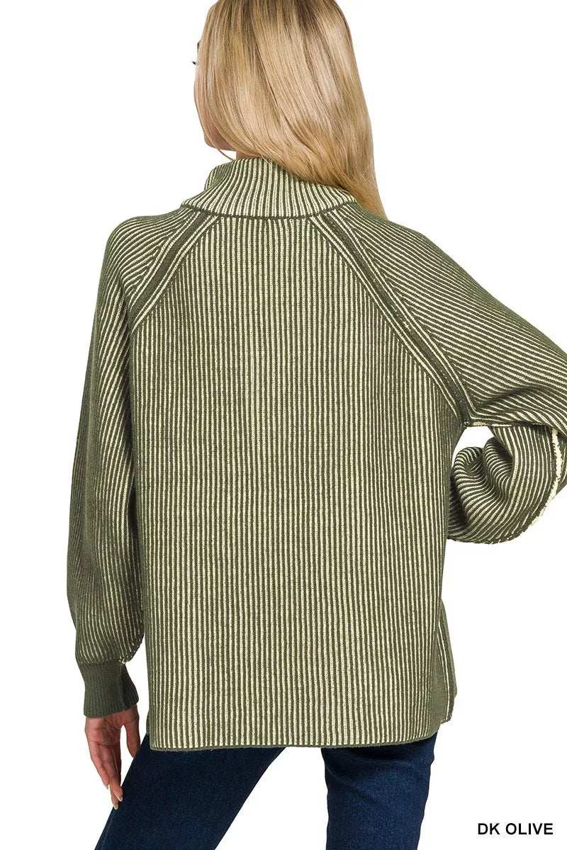 Zenana Ribbed Two Tone Half Zip Sweater - Trendsi - Flyclothing LLC