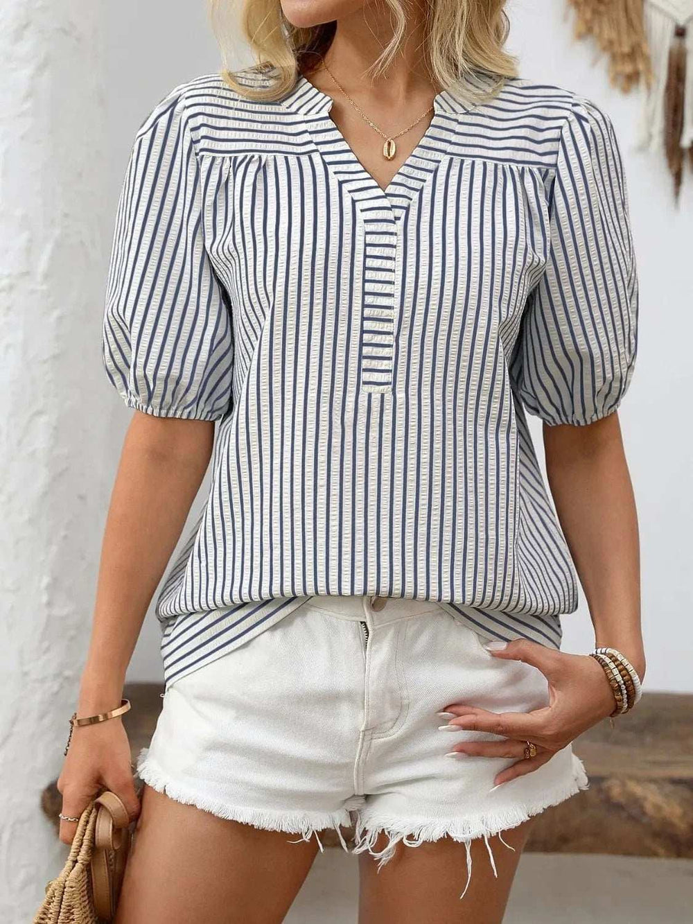 Striped Notched Puff Sleeve Blouse - Trendsi - Flyclothing LLC