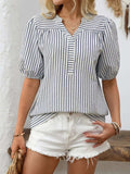 Striped Notched Puff Sleeve Blouse - Trendsi - Flyclothing LLC