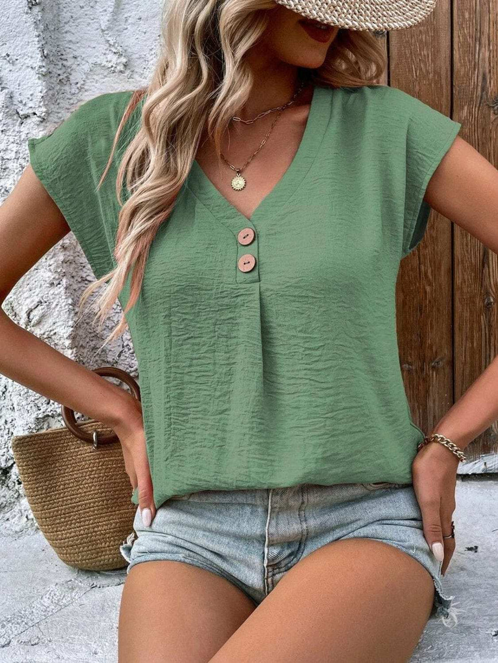 Decorative Button V-Neck Short Sleeve Blouse - Trendsi - Flyclothing LLC