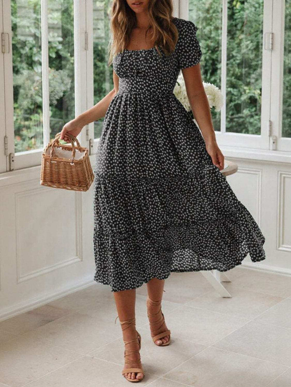 Printed Square Neck Short Sleeve Midi Dress - Trendsi - Flyclothing LLC