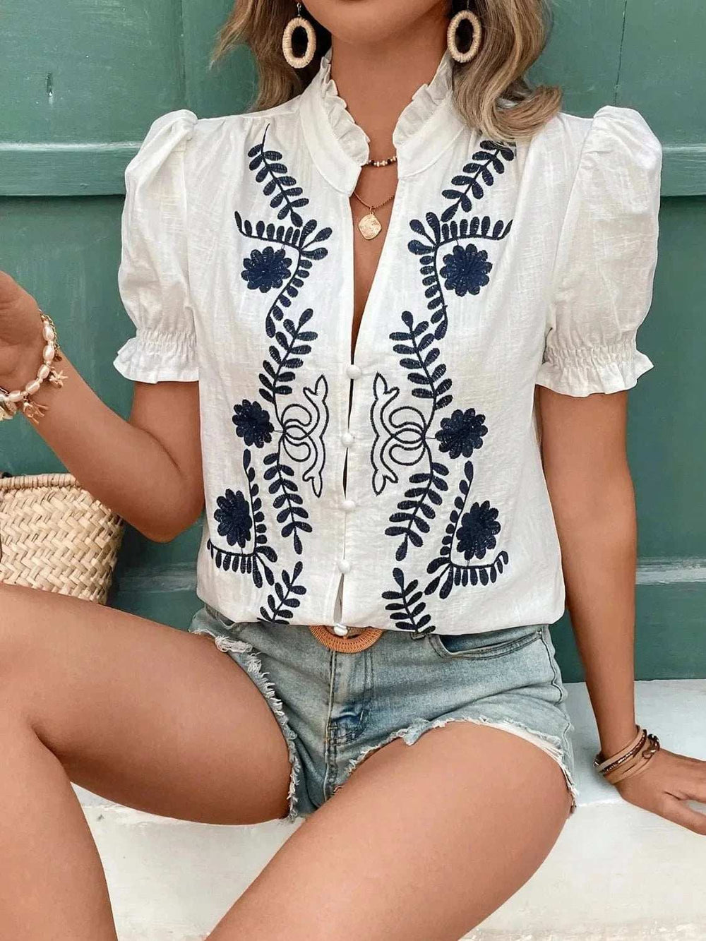 Embroidered Frill Notched Short Sleeve Blouse - Trendsi - Flyclothing LLC