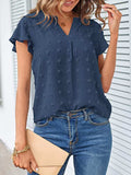 Swiss Dot Notched Cap Sleeve Blouse - Trendsi - Flyclothing LLC
