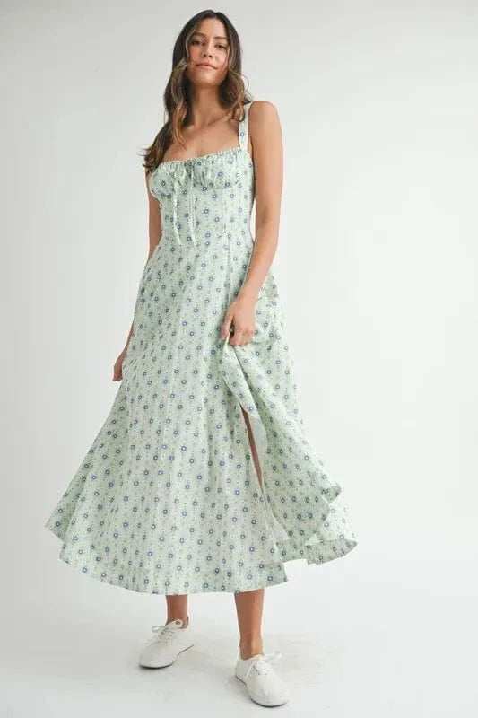 MABLE Floral Print Bustier Back Lace Up Midi Dress - Trendsi - Flyclothing LLC