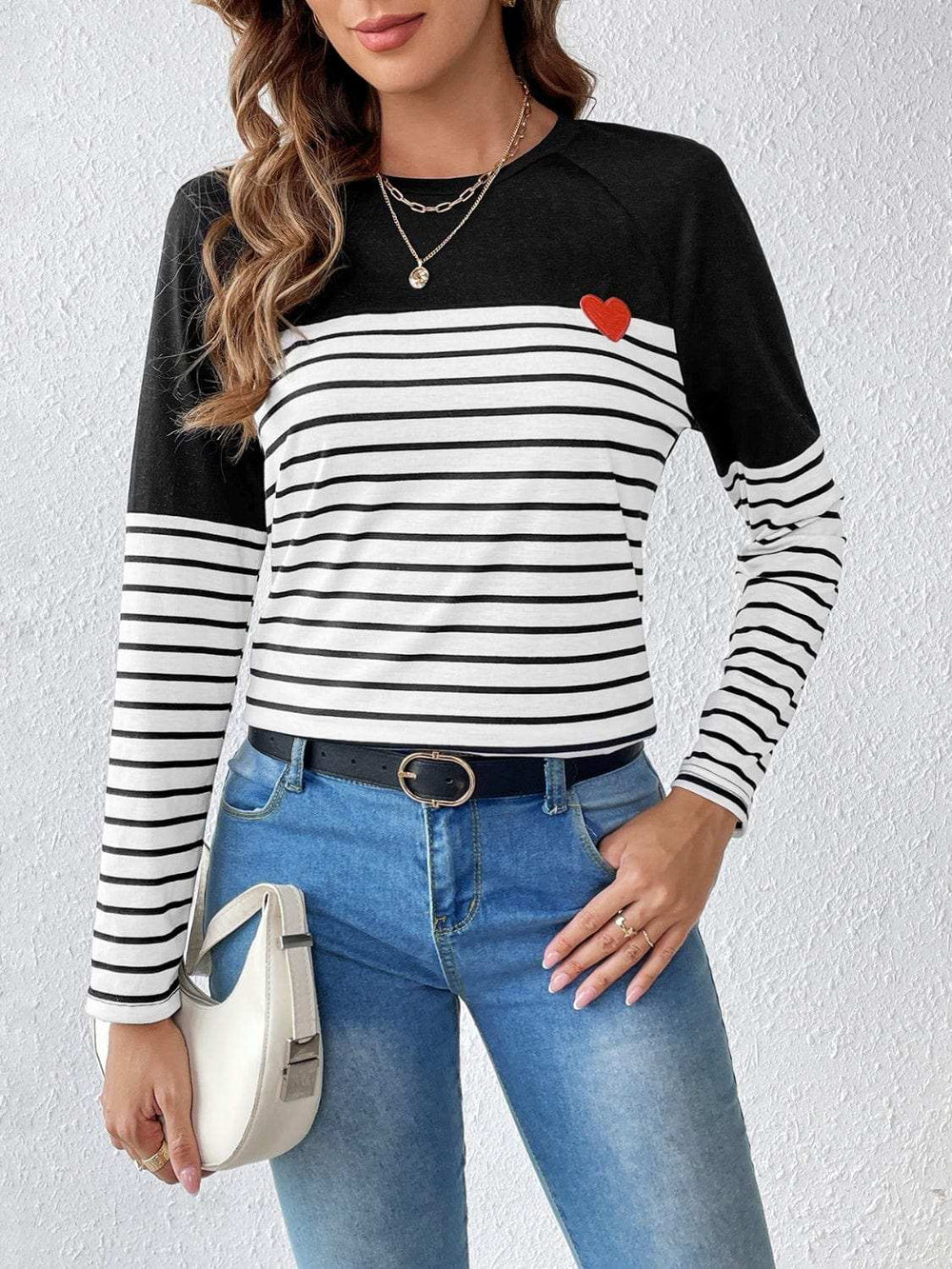 Striped Contrast Round Neck Long Sleeve T-Shirt - Trendsi - Flyclothing LLC