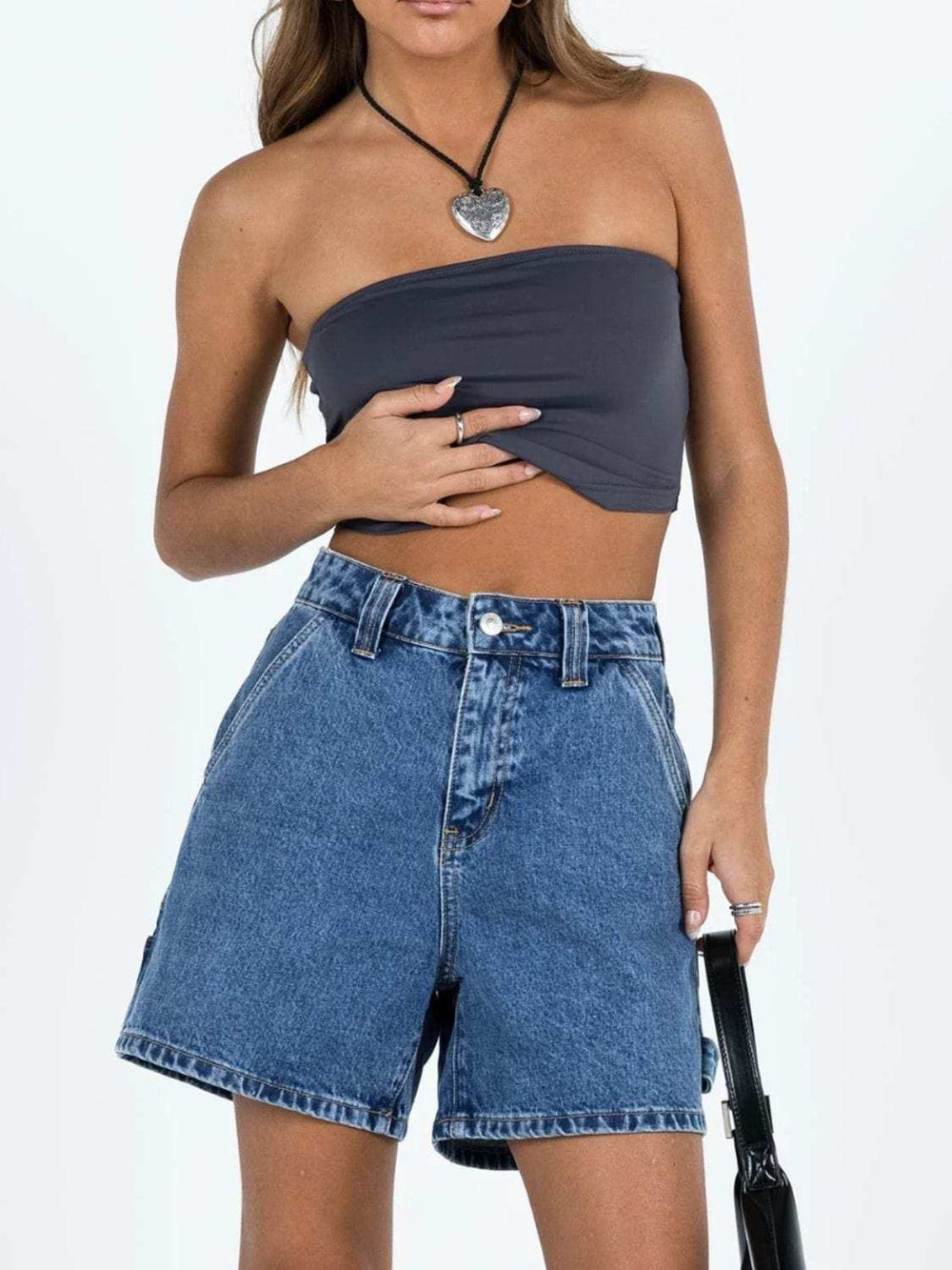 Washed High Rise Denim Shorts - Trendsi - Flyclothing LLC