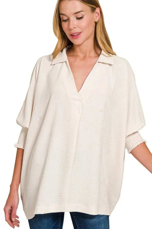 Zenana Airflow Collar Tee with Smocked Sleeve Band Top - Trendsi - Flyclothing LLC