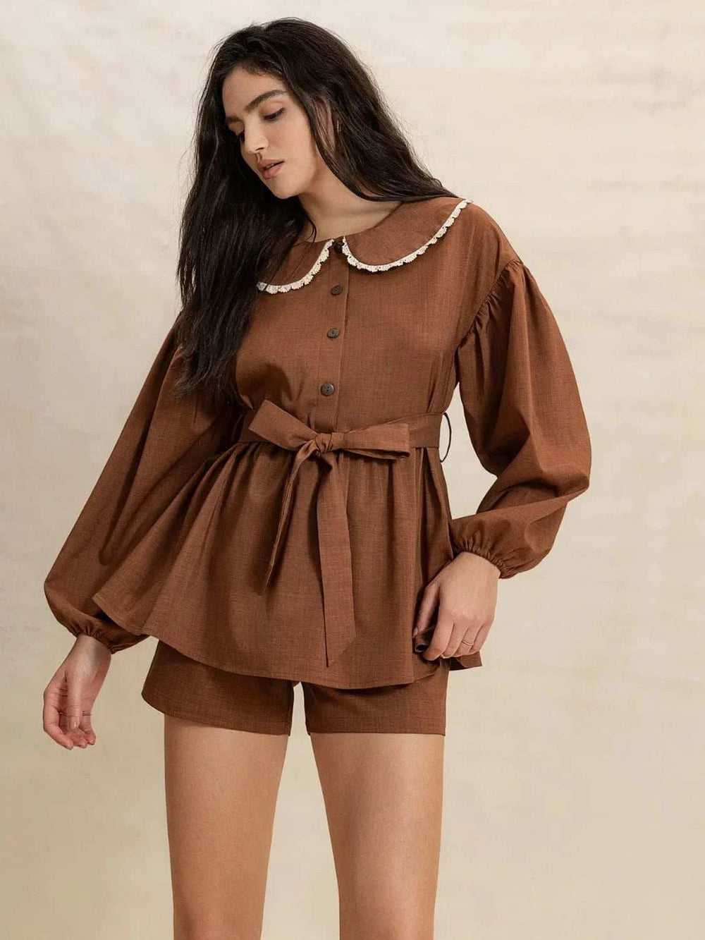 Peter Pan Collar Balloon Sleeve Top and Shorts Set - Trendsi - Flyclothing LLC