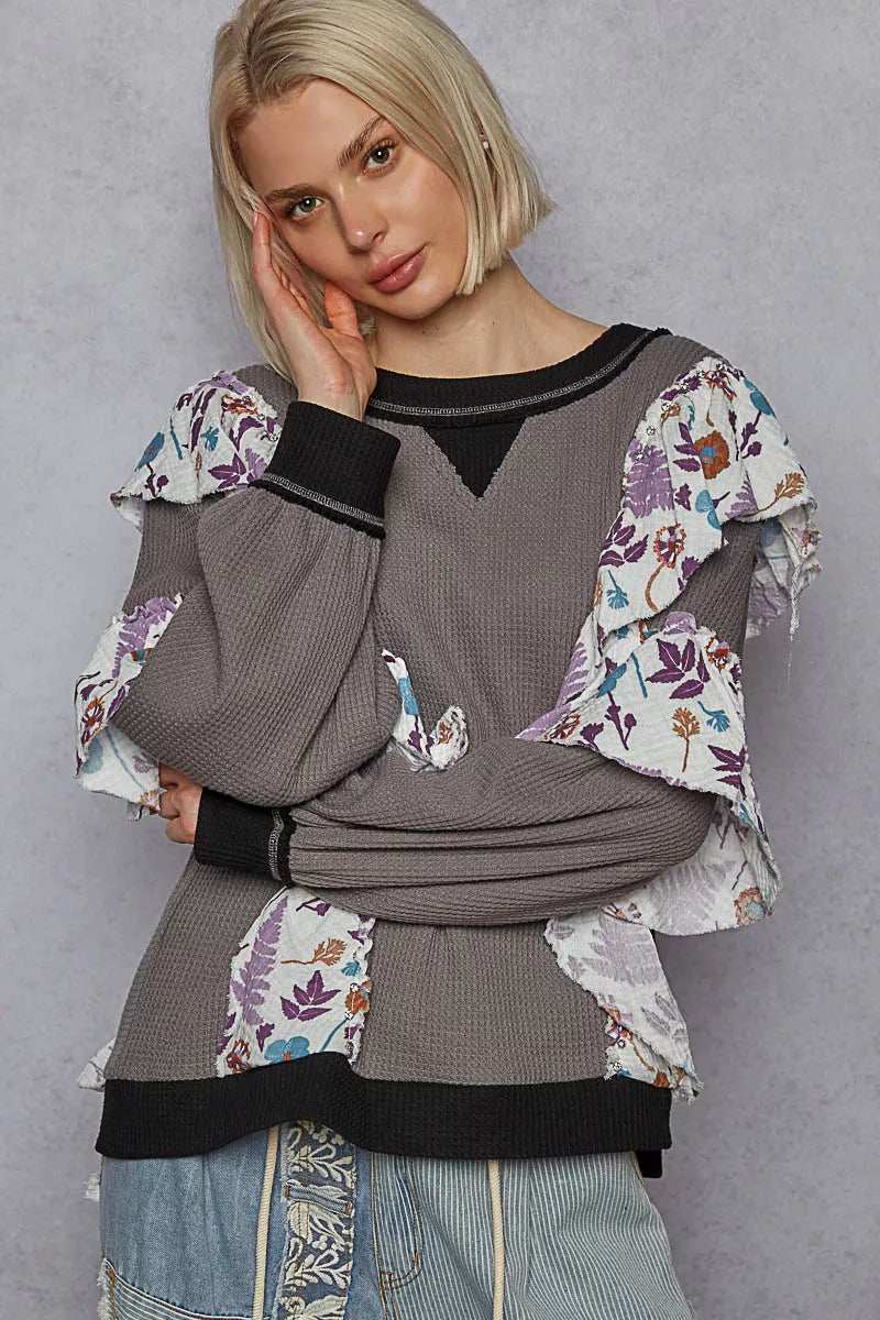 POL Round Neck Sweater with Floral Ruffle Detail - Trendsi - Flyclothing LLC