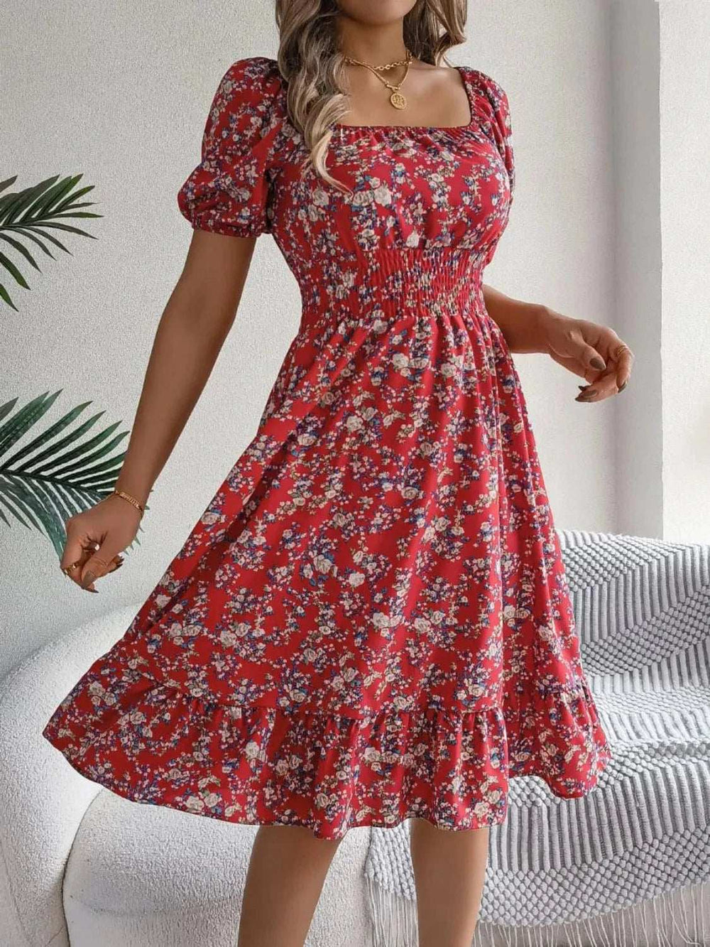Ruffled Hem Floral Puff Sleeve Dress - Trendsi - Flyclothing LLC