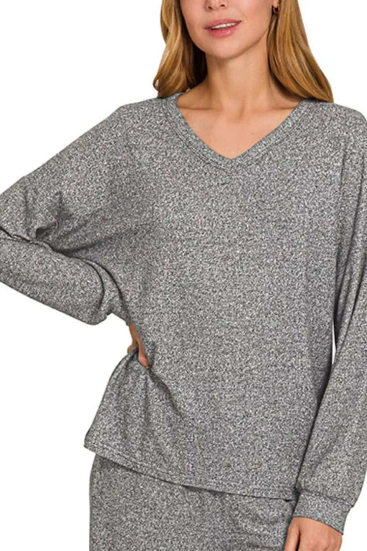 Zenana Soft Melange Long Sleeve Tee & Pants Set - Trendsi - Flyclothing LLC