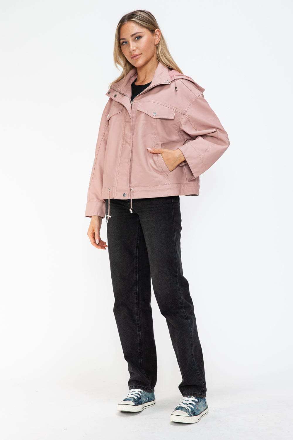 How Dare U Drawstring Hem PU Leather Zip Up Jacket - Trendsi - Flyclothing LLC