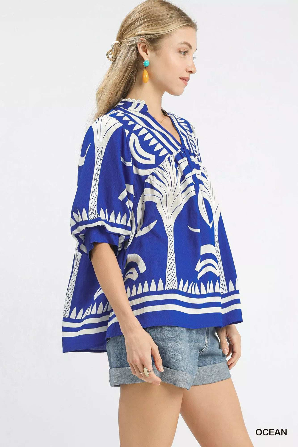Umgee Folk Art Palm Print Puff Sleeve Blouse - Trendsi - Flyclothing LLC