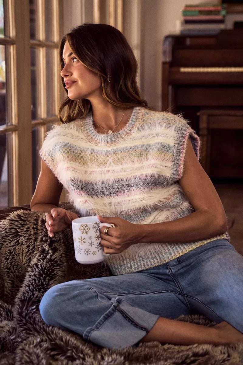 SO ME Soft Fuzzy Multi Color Stripe Cozy Sweater Top - Trendsi - Flyclothing LLC