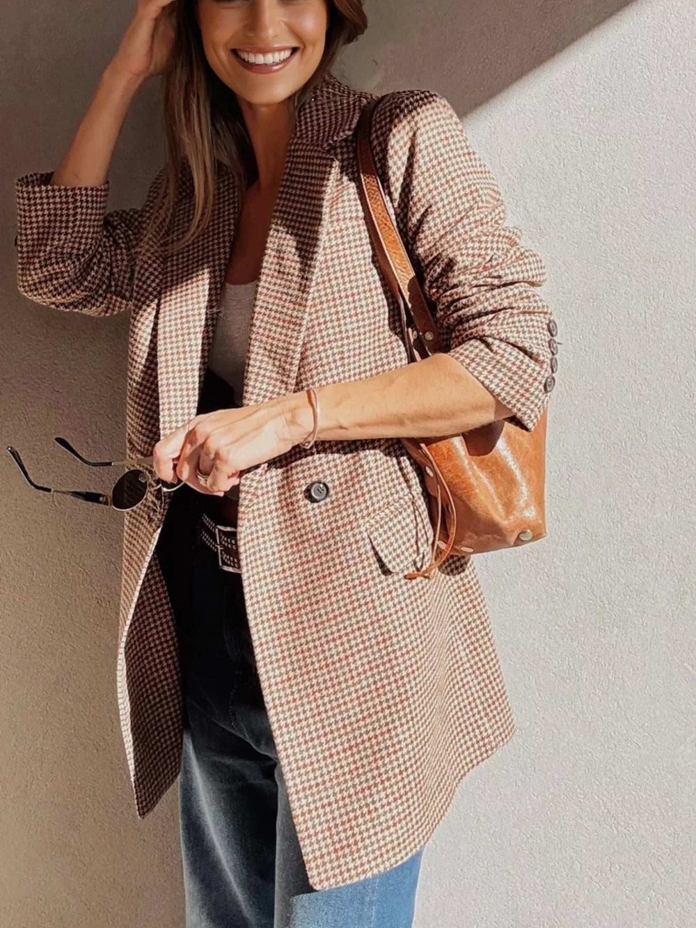 Houndstooth Lapel Collar Blazer - Trendsi - Flyclothing LLC
