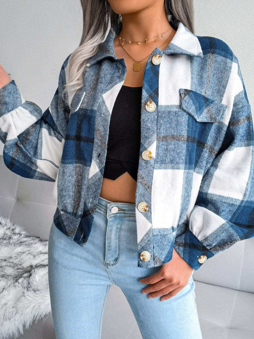 Plaid Collared Neck Long Sleeve Jacket - Trendsi - Flyclothing LLC