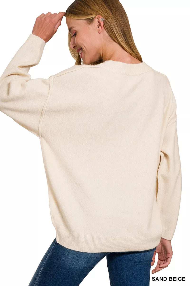 Zenana Melange Front Seam Round-Neck Sweater - Trendsi - Flyclothing LLC