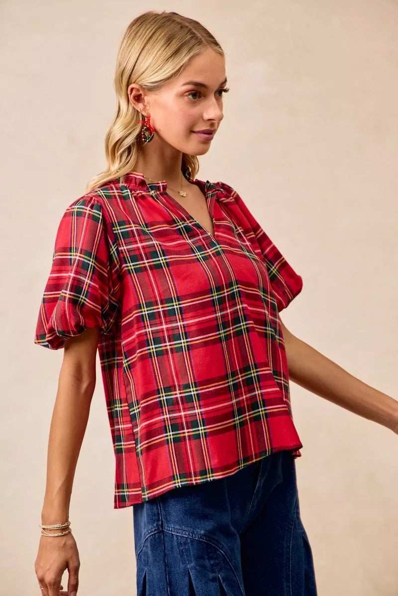 BiBi Christmas Plaid Short Sleeves Ruffled Blouse - Trendsi - Flyclothing LLC