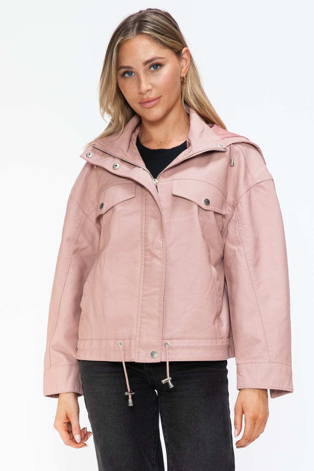 How Dare U Drawstring Hem PU Leather Zip Up Jacket - Trendsi - Flyclothing LLC