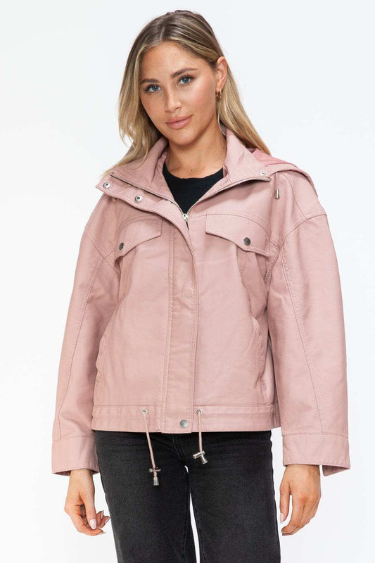 How Dare U Drawstring Hem PU Leather Zip Up Jacket - Trendsi - Flyclothing LLC