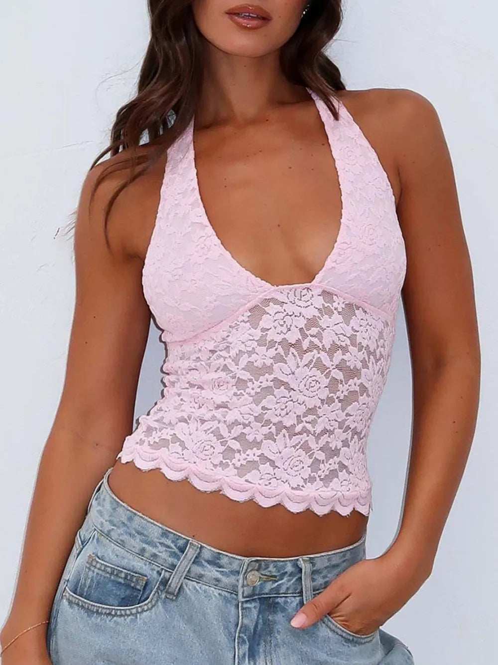 Lace Backless Halter Neck Cami - Trendsi - Flyclothing LLC