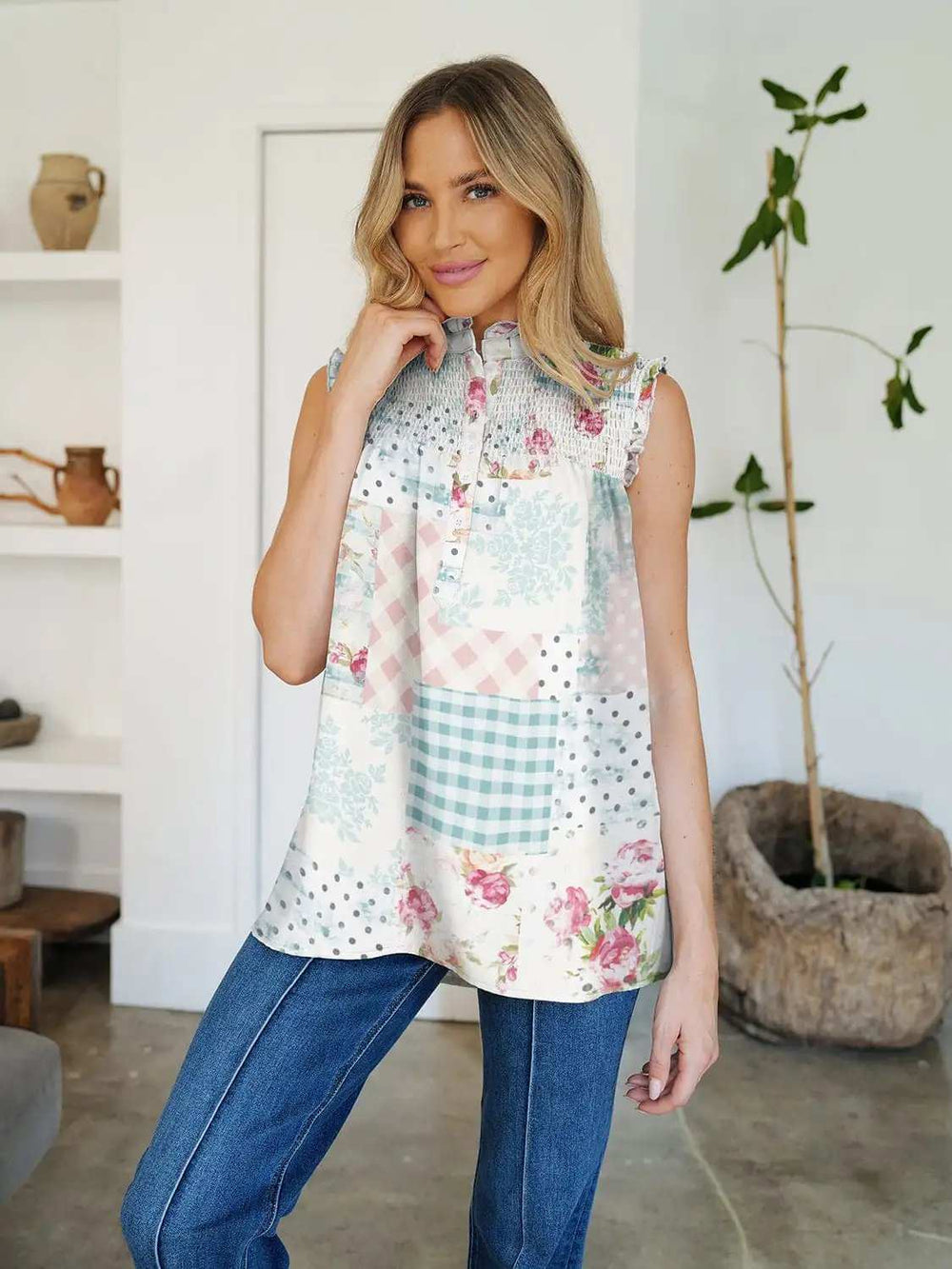 Frill Printed Mock Neck Top - Trendsi - Flyclothing LLC