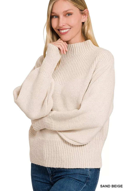 Zenana Balloon Sleeve Mock Neck Sweater - Trendsi - Flyclothing LLC