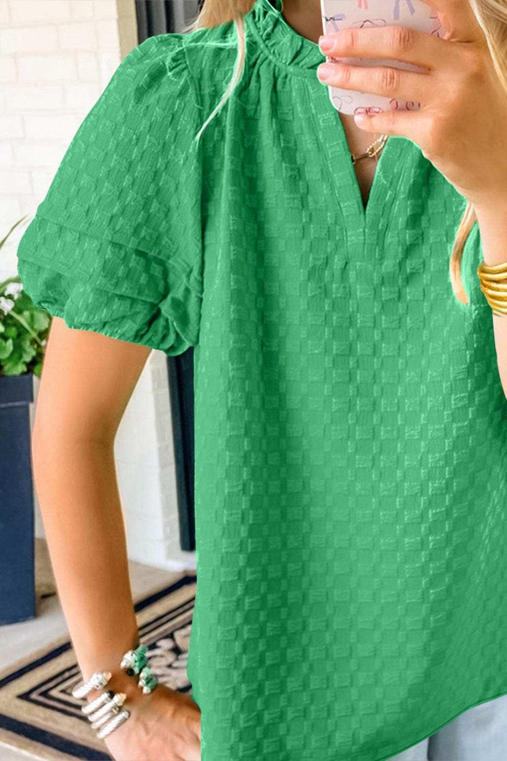 Oh Full Size Frill Notched Puff Sleeve Blouse - Trendsi - Flyclothing LLC