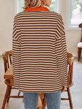 Striped Johnny Collar Long Sleeve T-Shirt - Trendsi - Flyclothing LLC
