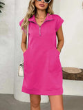 Texture Half Zip Cap Sleeve Mini Dress - Trendsi - Flyclothing LLC