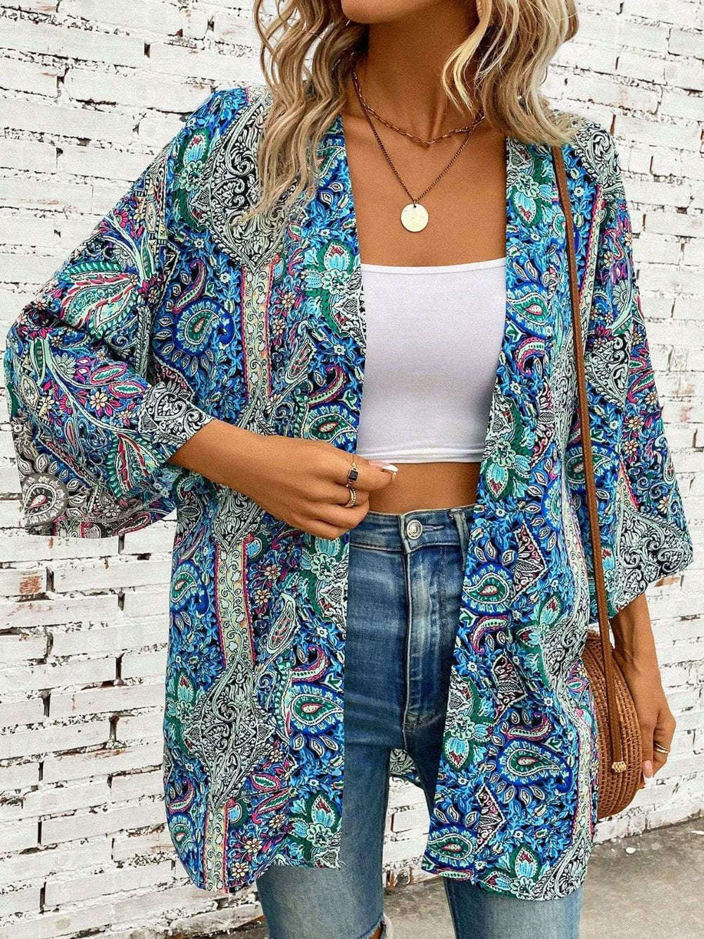 Printed Open Front Three-Quarter Sleeve Cover Up - Trendsi - Flyclothing LLC