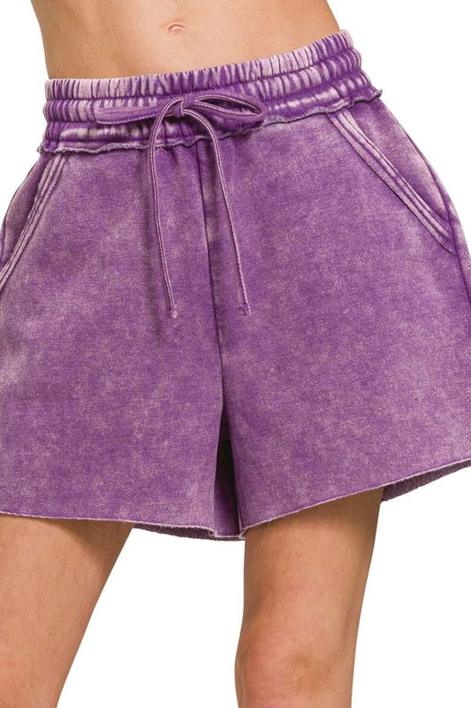 Zenana Acid Wash Fleece Drawstring Shorts With Pockets - Trendsi - Flyclothing LLC