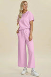 Double Take Full Size Texture Round Neck Short Sleeve Top and Pants Set - Trendsi - Flyclothing LLC