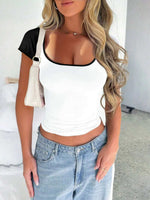 Devine Contrast Scoop Neck Short Sleeve T-Shirt - Trendsi - Flyclothing LLC