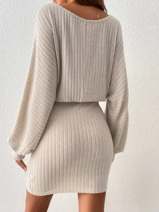 Round Neck Tie Waist Long Sleeve Mini Dress - Trendsi - Flyclothing LLC