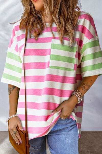Contrast Striped Round Neck Half Sleeve T-Shirt - Trendsi - Flyclothing LLC