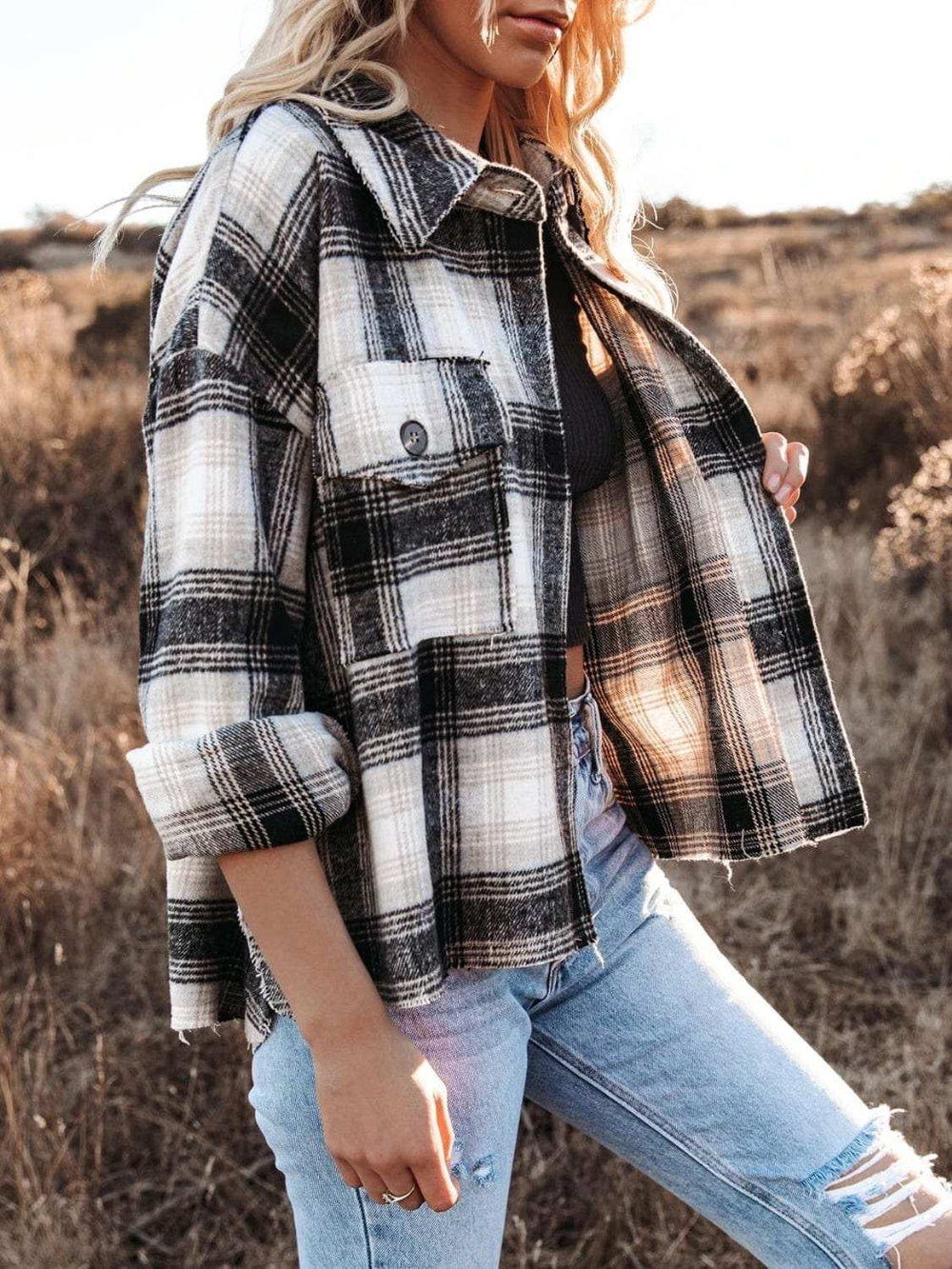 Pocketed Plaid Button Down Long Sleeve Shacket - Trendsi - Flyclothing LLC