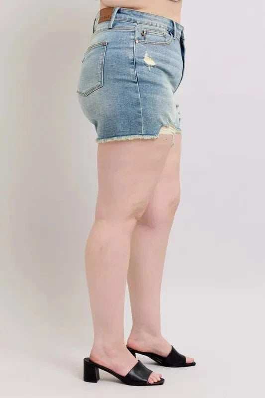 Judy Blue Full Size High Rise Washed Fly Stitch Detail and Destroy Denim Shorts Plus Size - Trendsi - Flyclothing LLC