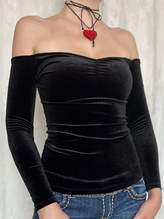 Off-Shoulder Long Sleeve Top - Trendsi - Flyclothing LLC