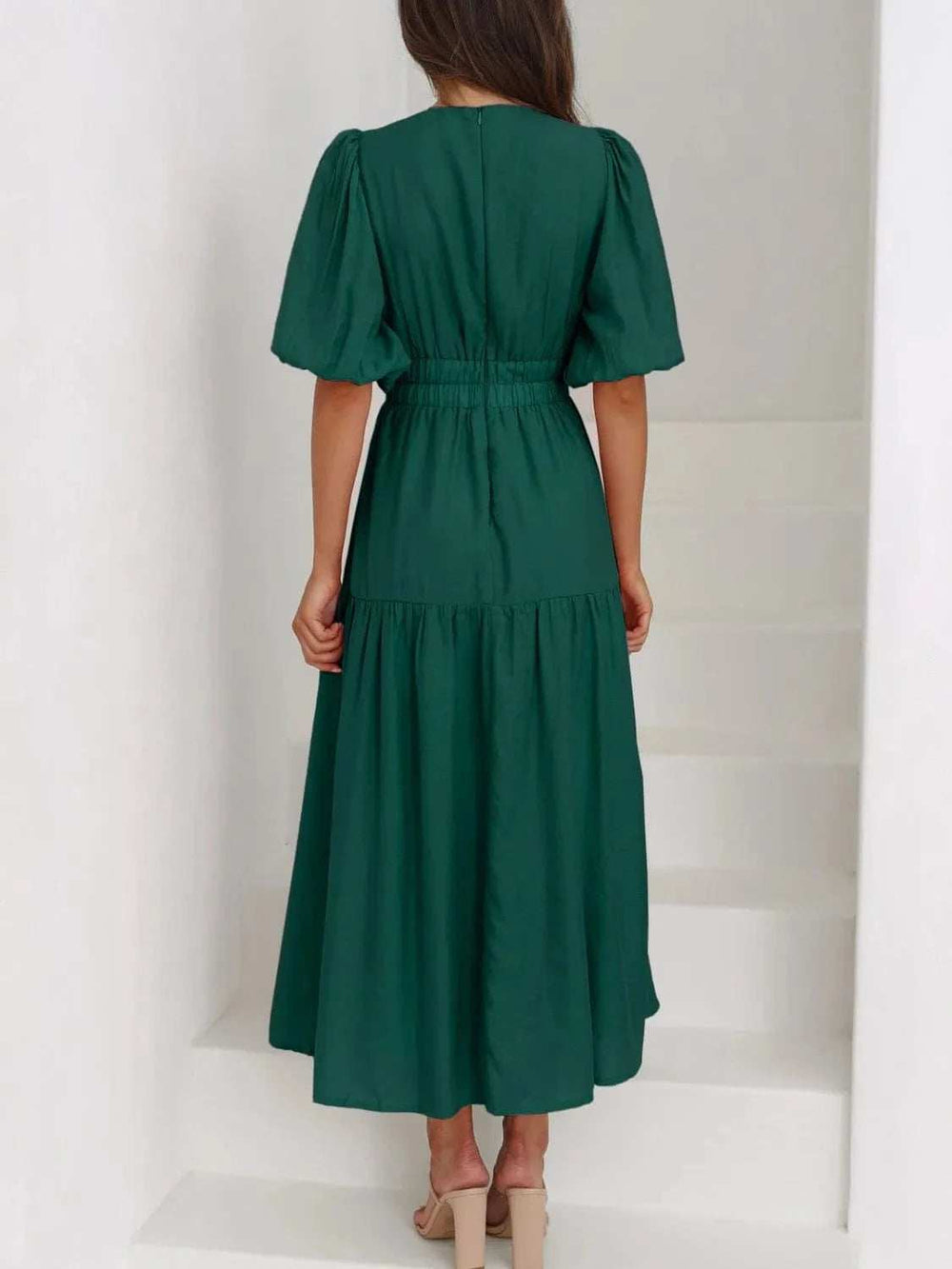 V-Neck Puff Sleeve Midi Dress - Trendsi - Flyclothing LLC