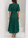 V-Neck Puff Sleeve Midi Dress - Trendsi - Flyclothing LLC