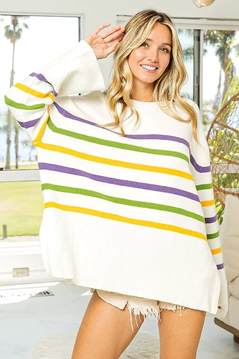 BiBi Ribbed Hem Mardi Gras Stripe Sweater - Trendsi - Flyclothing LLC