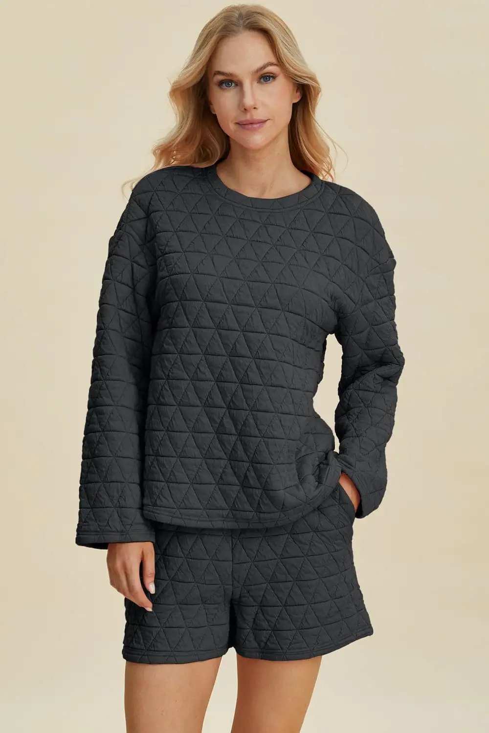 Double Take Full Size Texture Round Neck Long Sleeve Top and Shorts Set - Trendsi - Flyclothing LLC