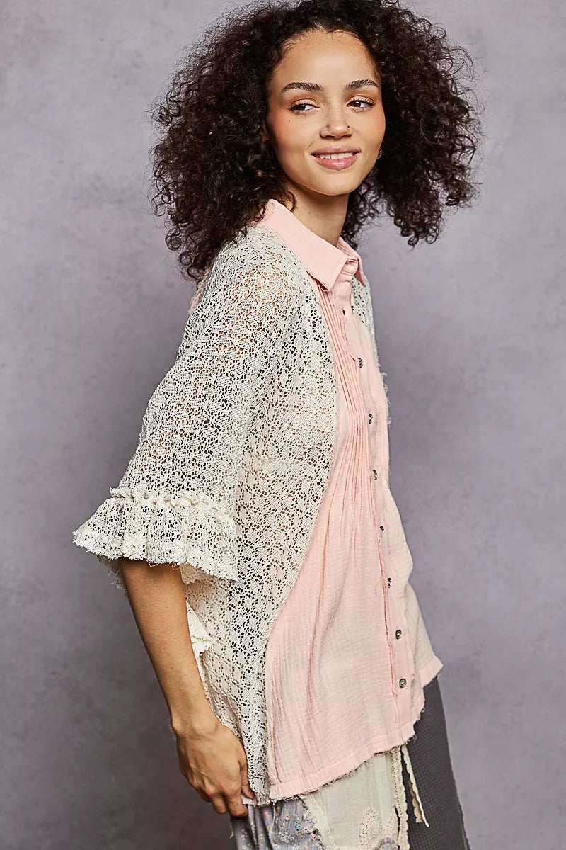 POL Button Down Front Pleated Shirt with Crochet Patch - Trendsi - Flyclothing LLC