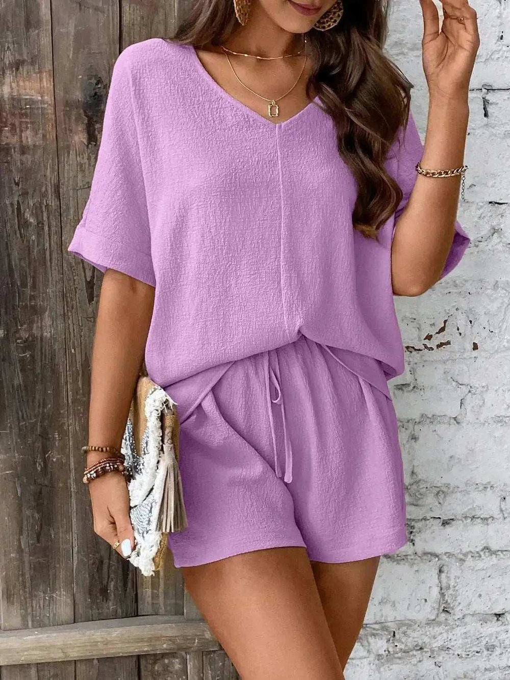 V-Neck Half Sleeve Top and Shorts Set - Trendsi - Flyclothing LLC
