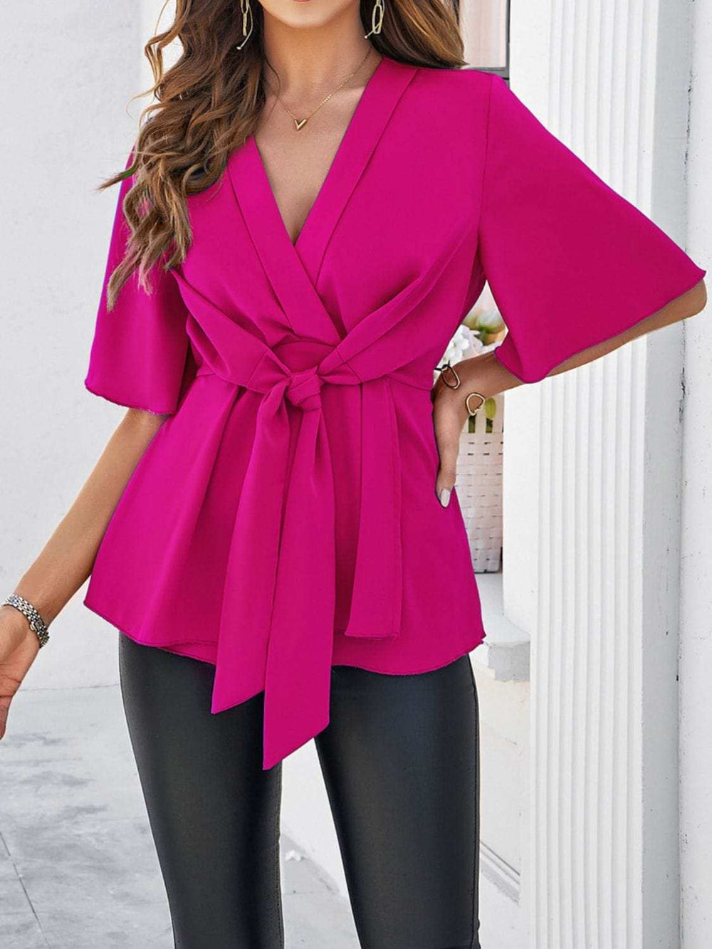 Devine Tied Front Peplum Blouse - Trendsi - Flyclothing LLC