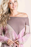 BiBi Thermal Waffle Color Block Top with Tie Dye - Trendsi - Flyclothing LLC