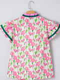 Floral Print Contrast Trim V Neck Double Ruffled Short Sleeve Blouse - Trendsi - Flyclothing LLC